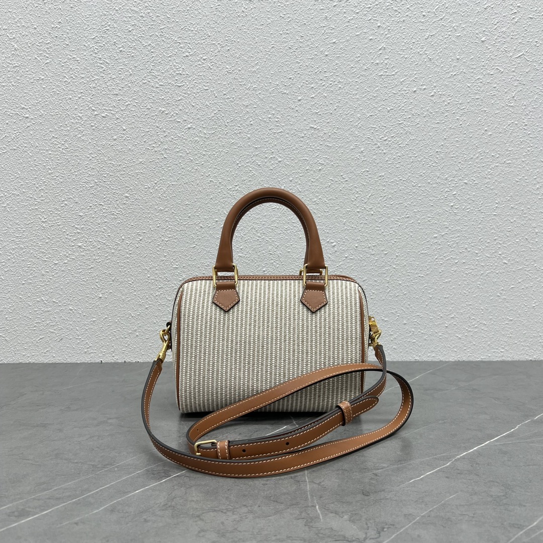 Celine Small Boston Cuir Triomphe In Striped Textile And Calfskin Beige 197582